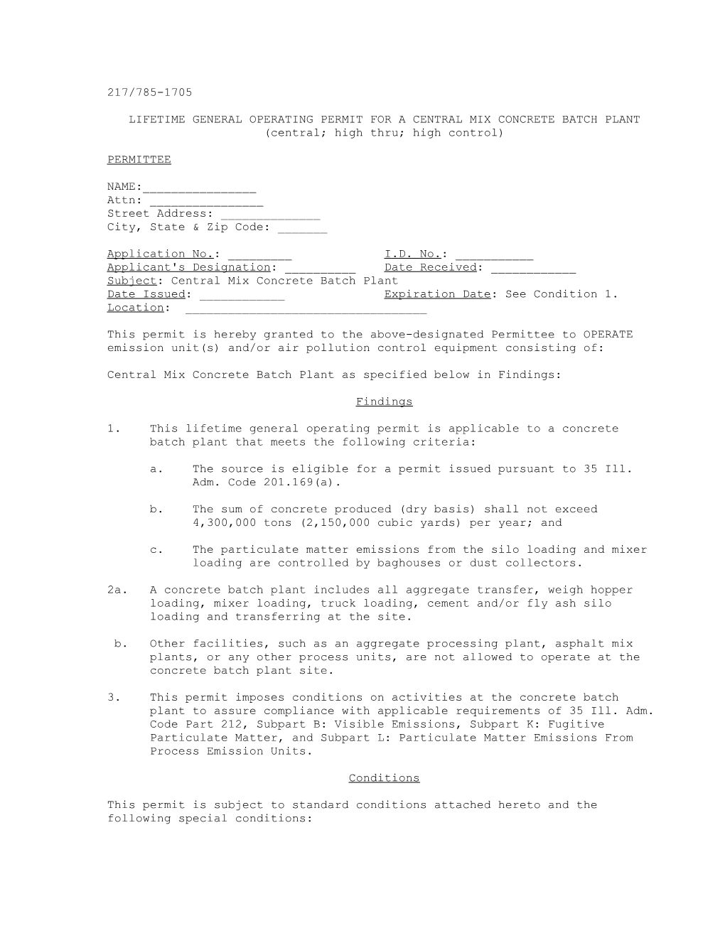 Lifetime General Operating Permit for a Central Mix Concrete Batch Plant