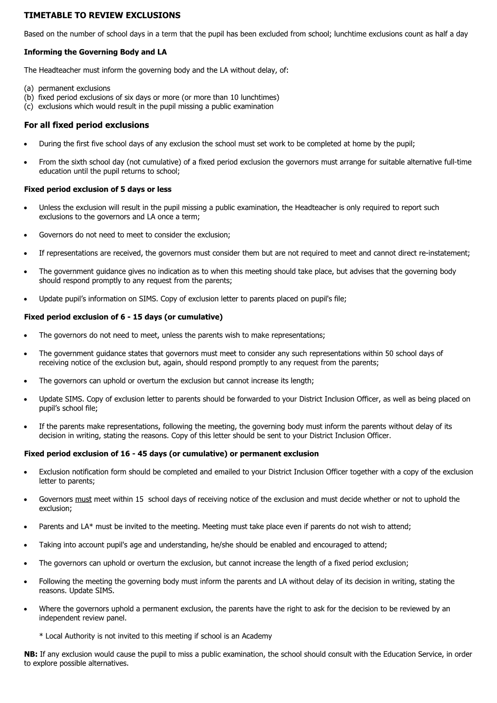 Timetable to Review Exclusions