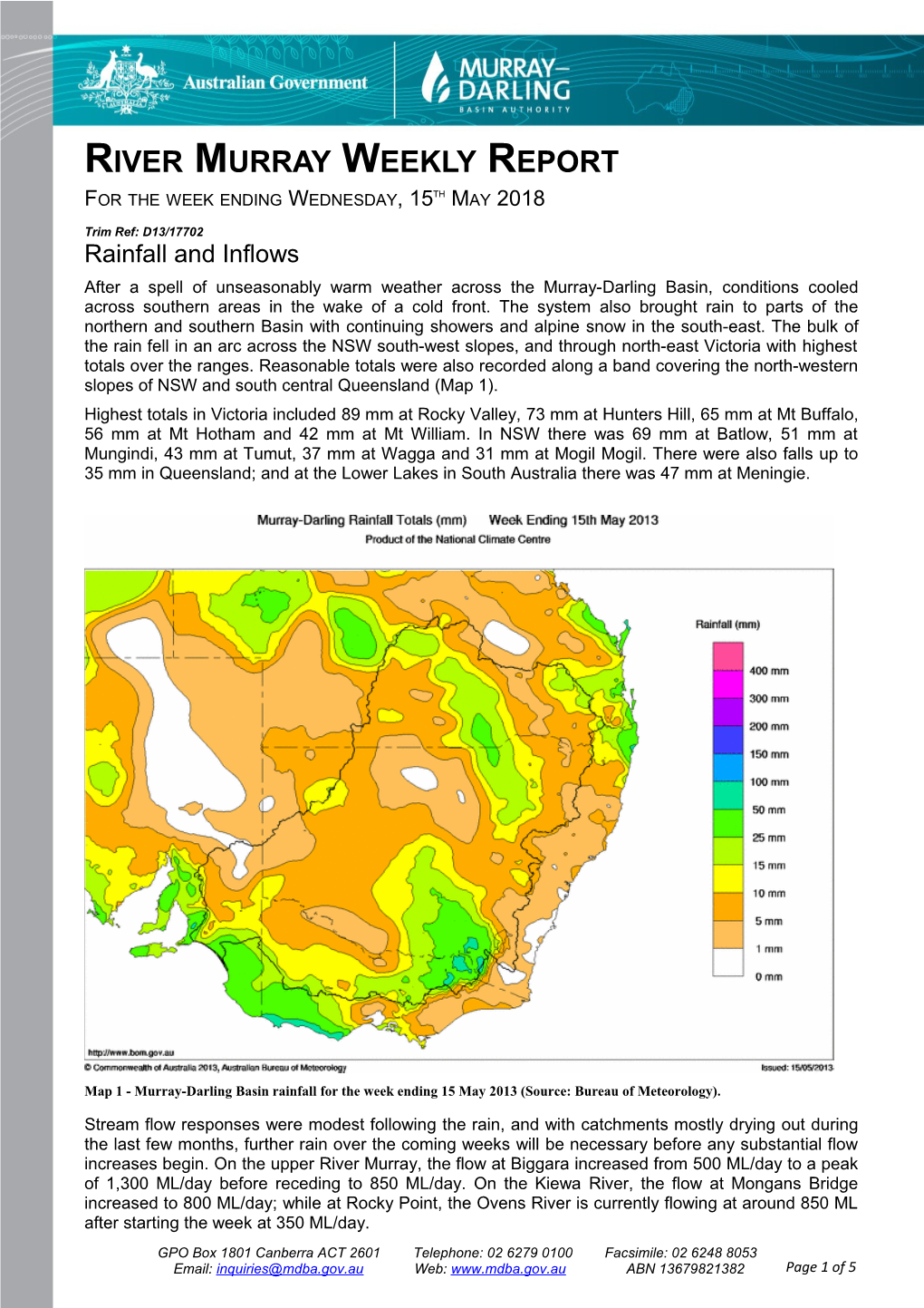 River Murray Operations Weekly Report 15Th May 2013