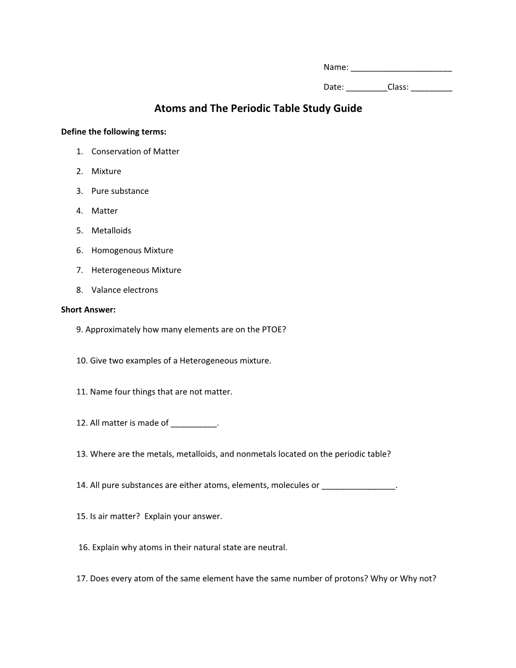 Atoms and the Periodic Table Study Guide