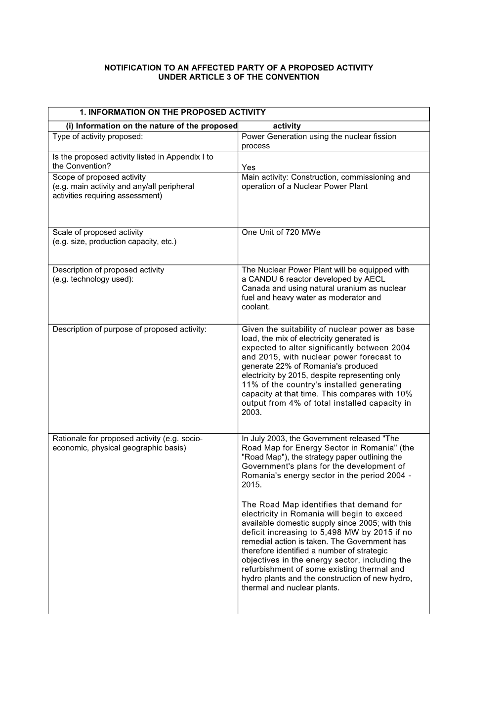 Notification to an Affected Party of a Proposed Activity Under Article 3 of the Convention