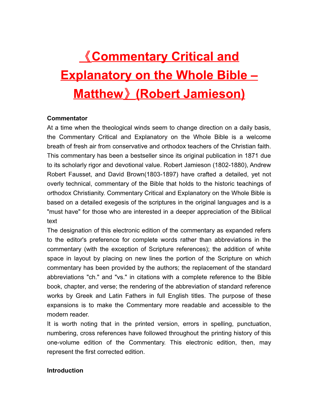 Commentary Critical and Explanatory on the Whole Bible Matthew (Robert Jamieson)