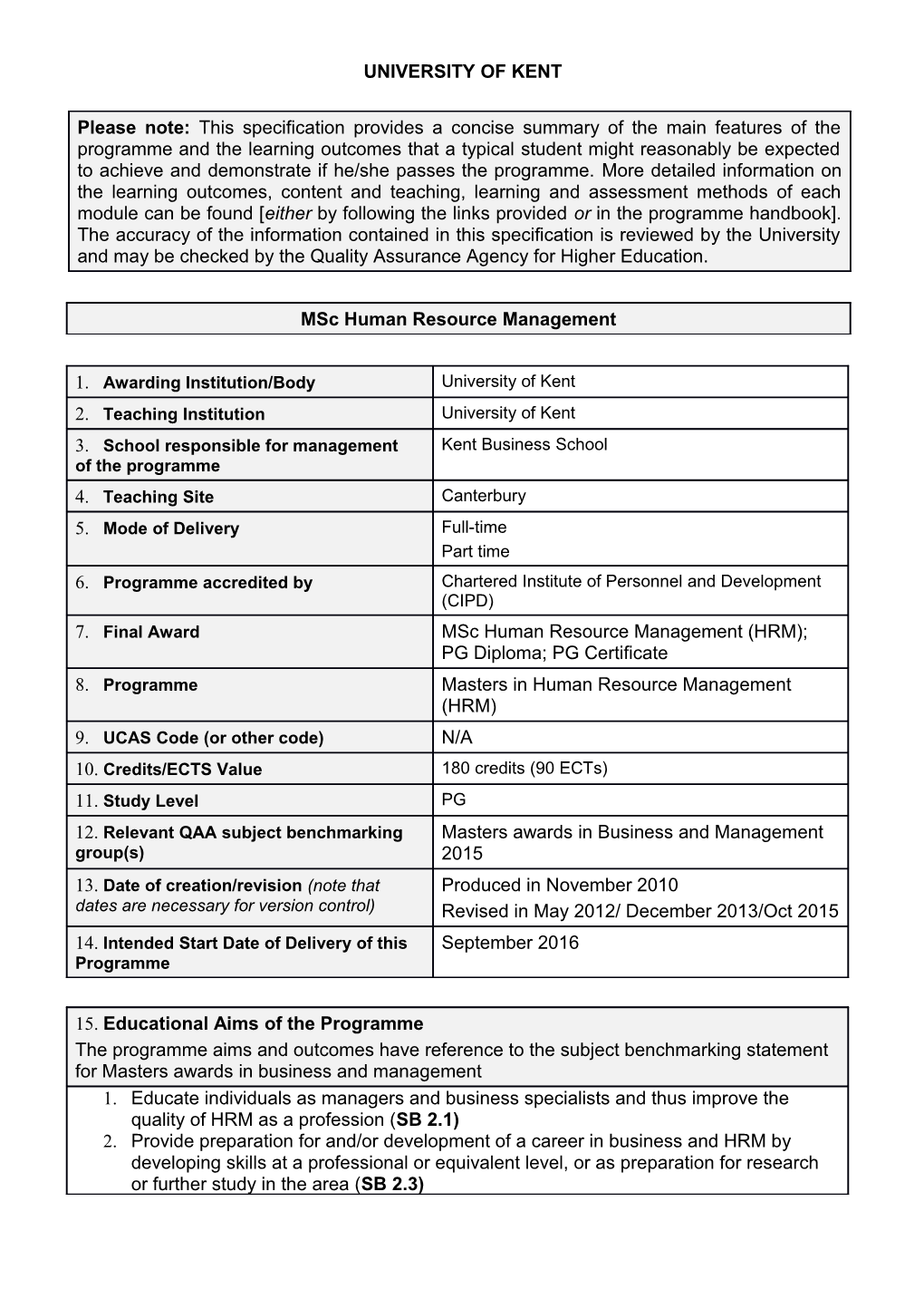 Annex C: Programme Specifications Template