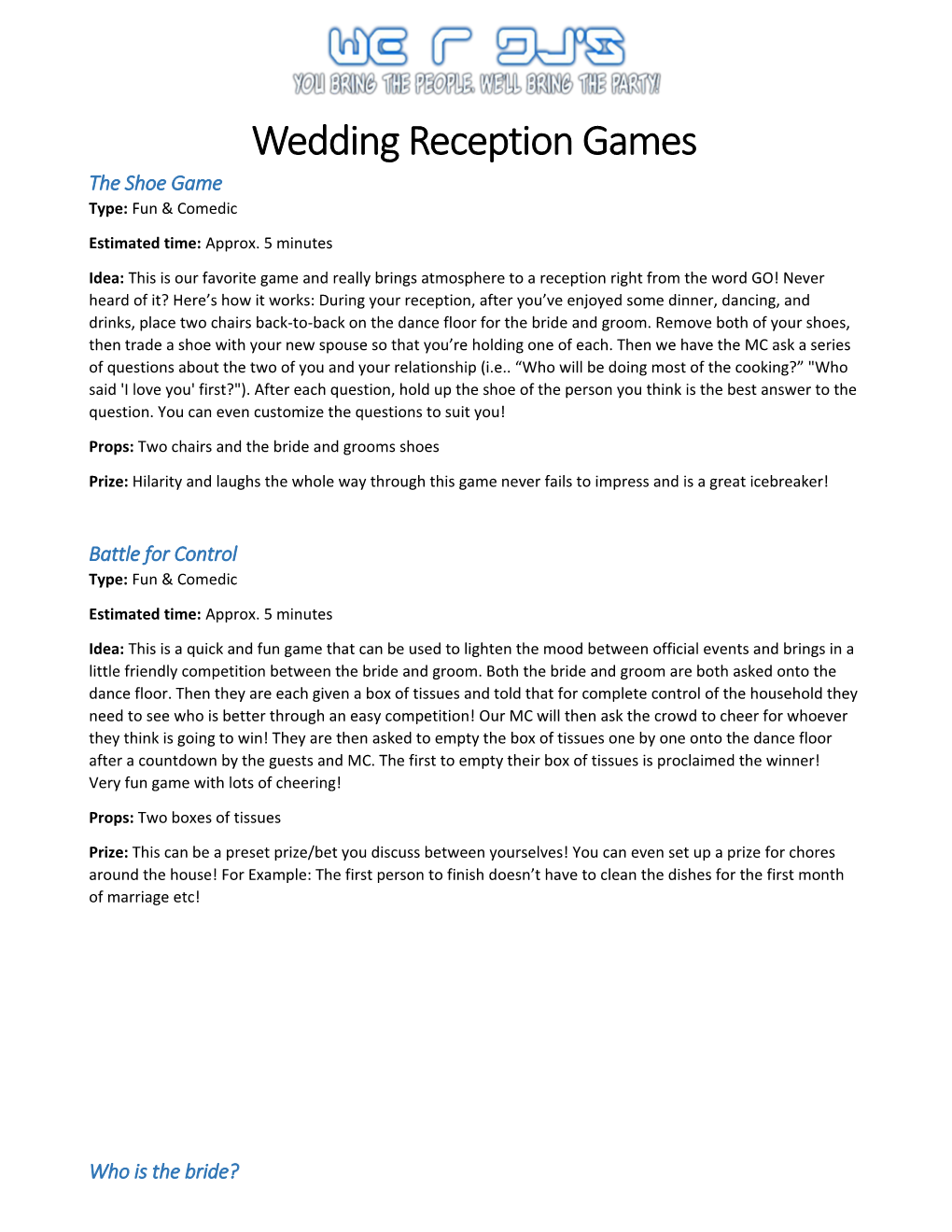 Wedding Reception Games