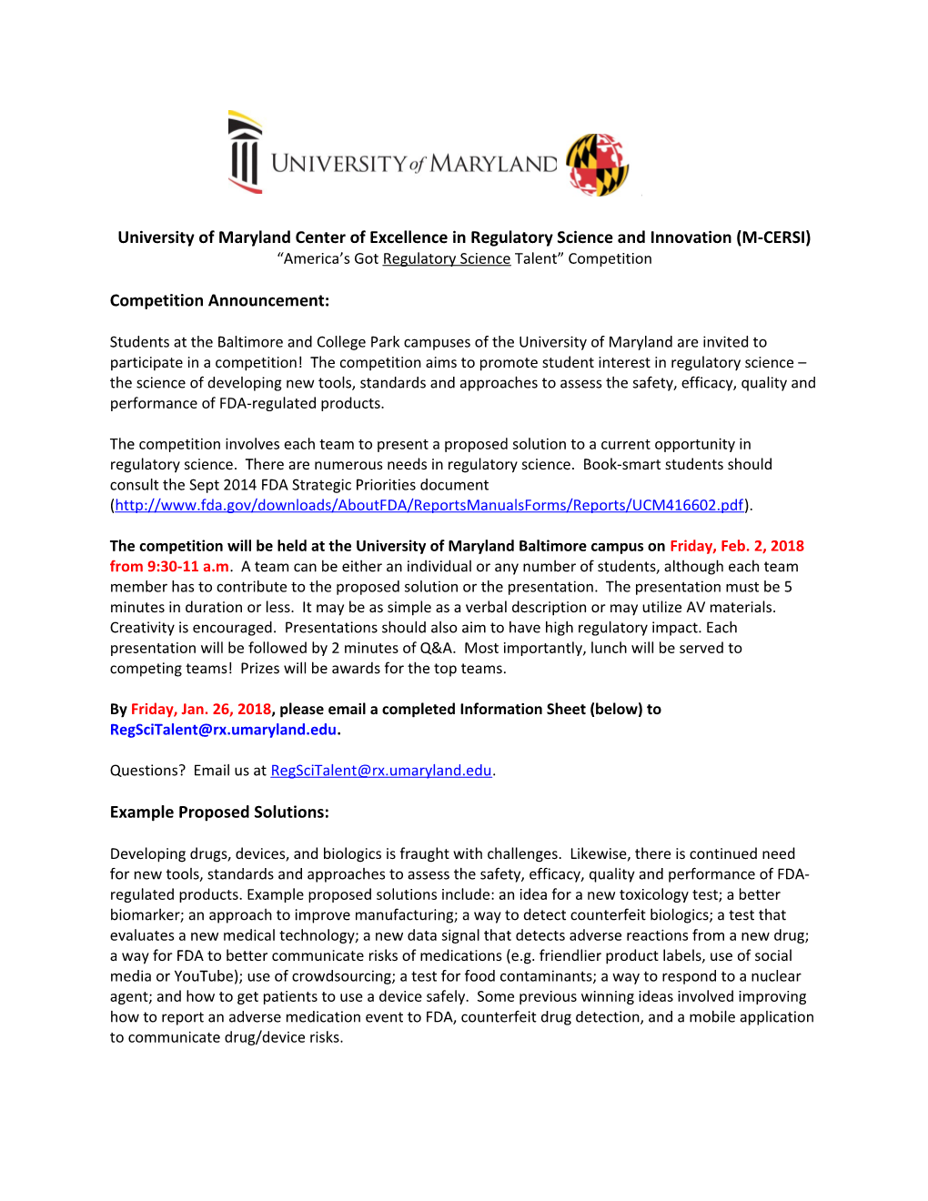 University of Maryland Center of Excellence in Regulatory Science and Innovation (M-CERSI)