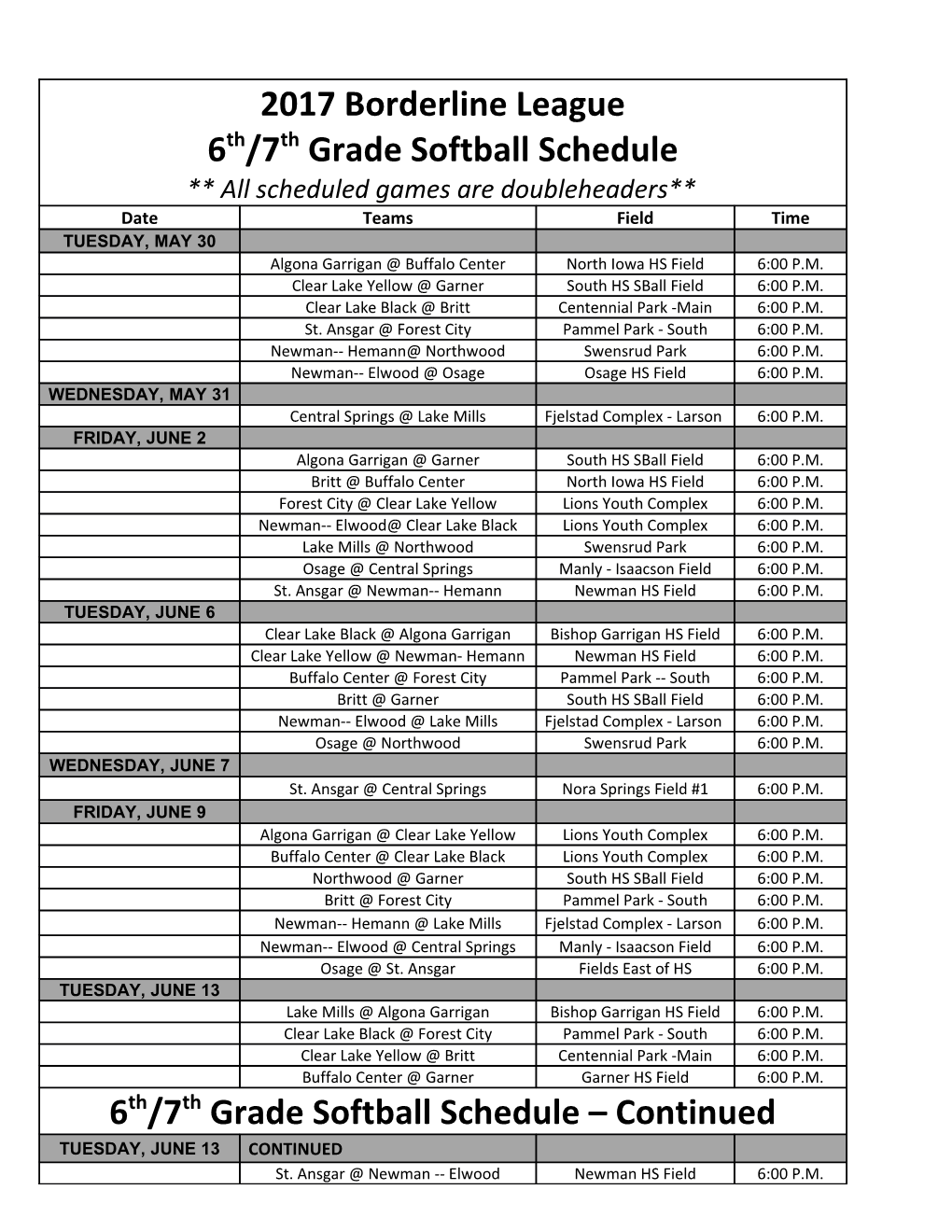 6Th/7Th Grade Softball Schedule Continued