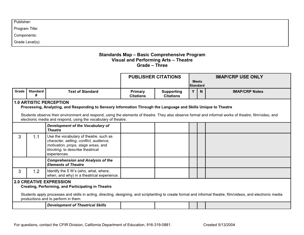 Grade Three Theatre Standards Map - Instructional Materials (CA Dept of Education)