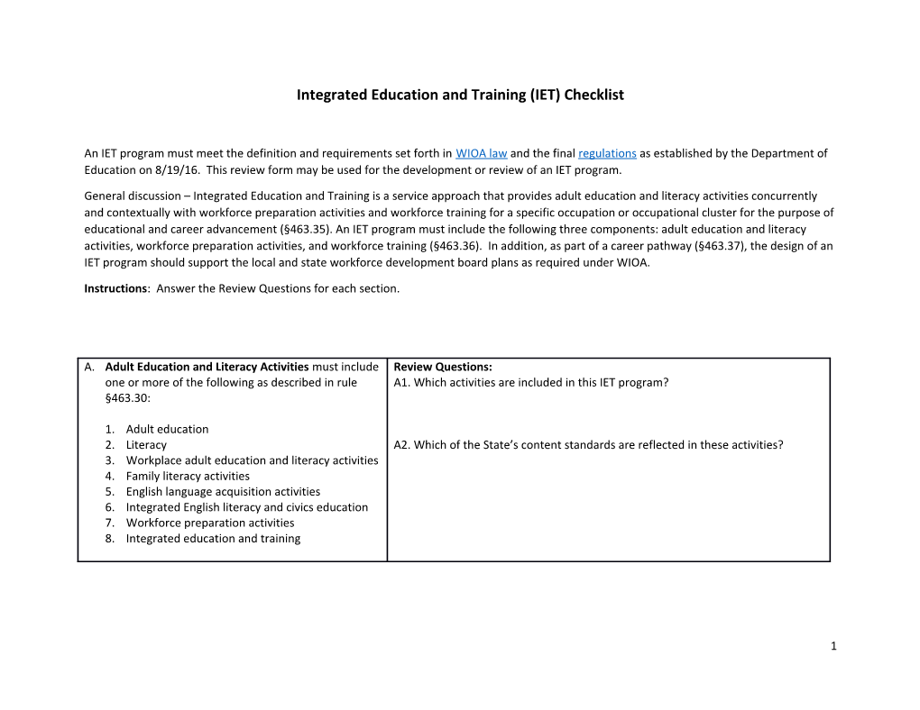 Integrated Education and Training (IET) Checklist