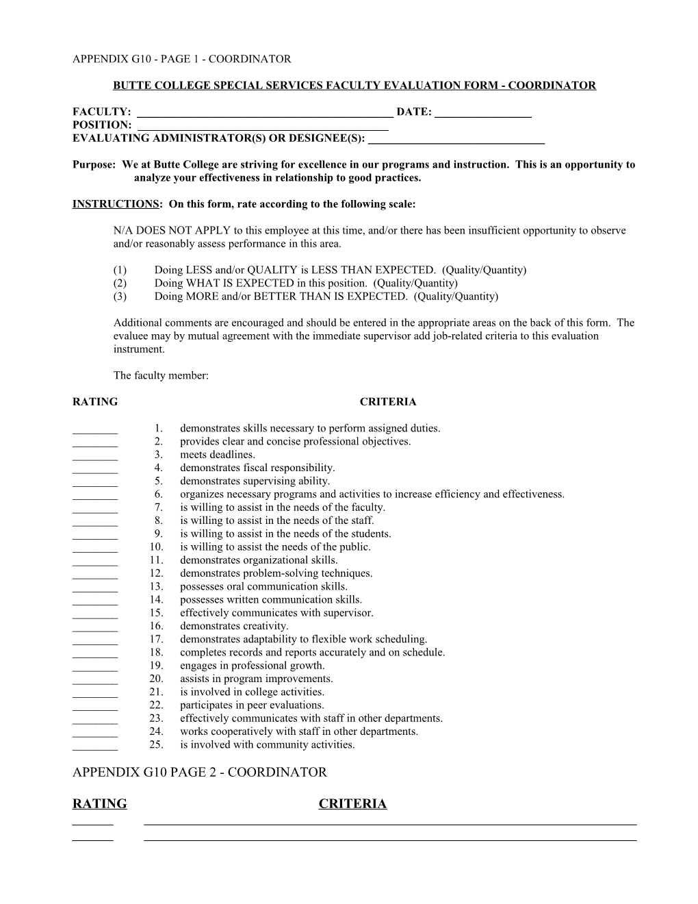 Buttecollege Special Services Faculty Evaluation Form - Coordinator