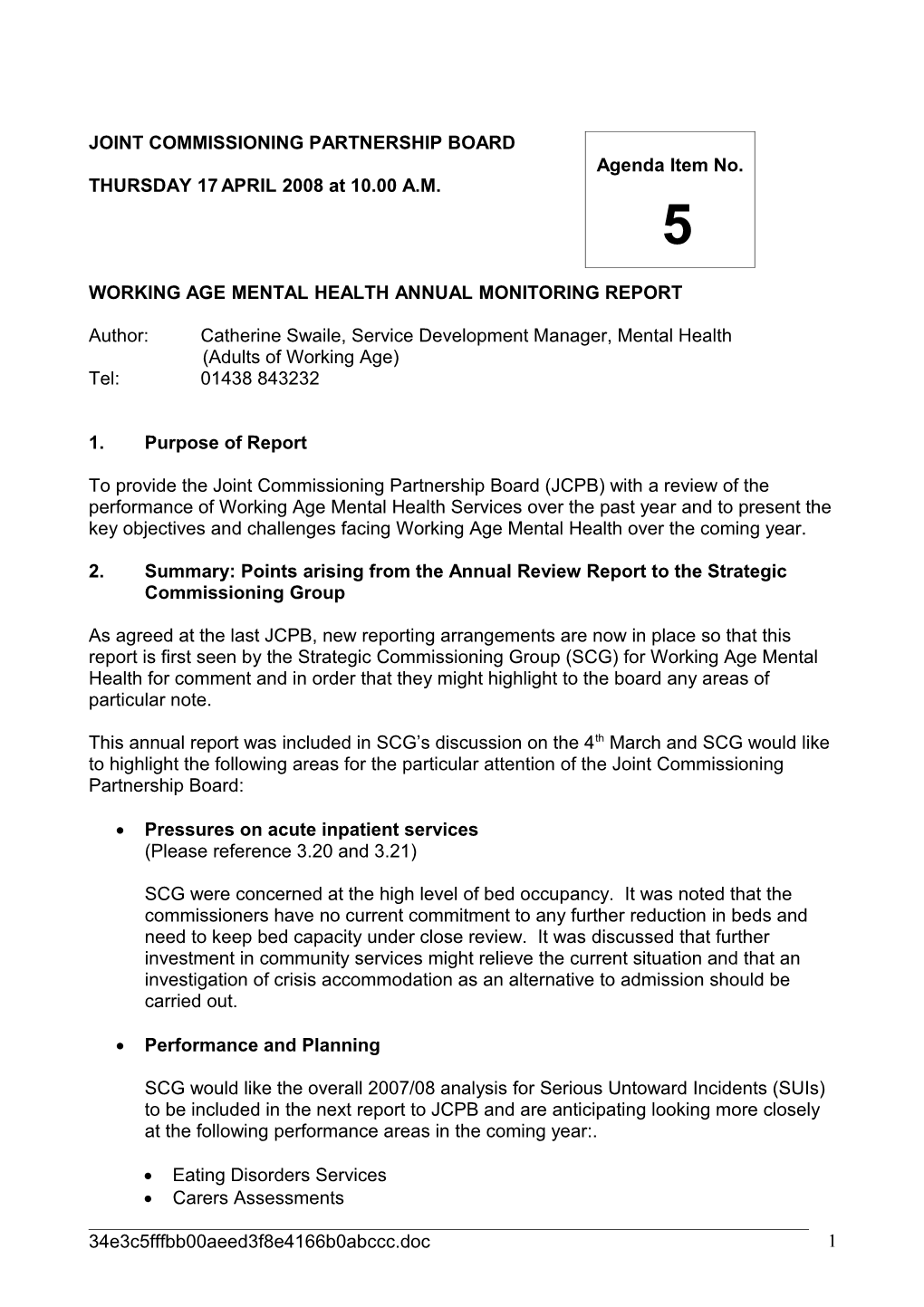 Working Age Mental Health Annual Monitoring Report