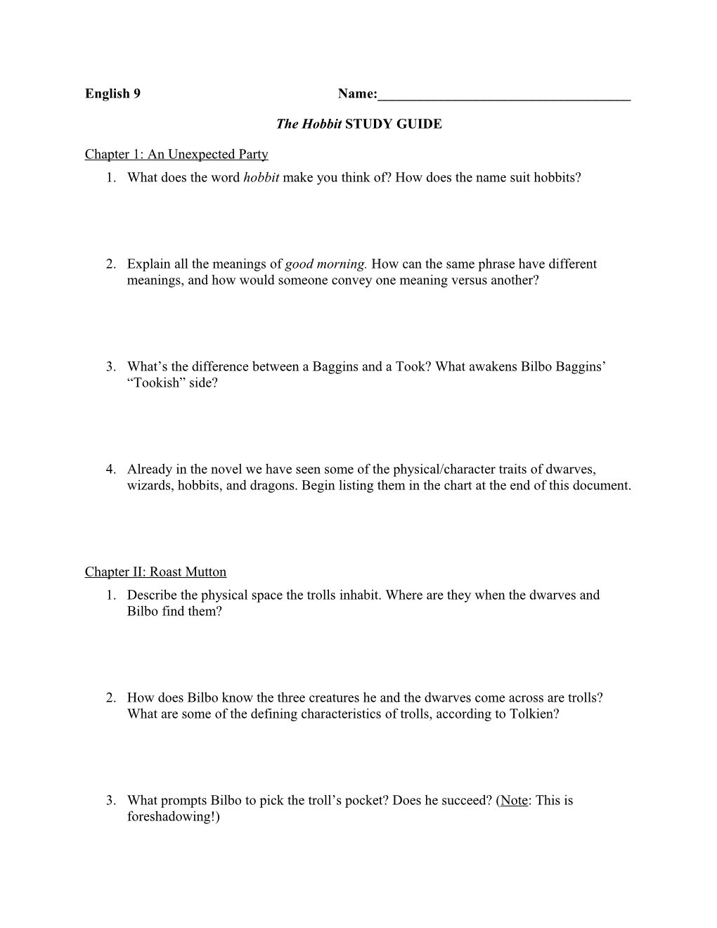 The Hobbit STUDY GUIDE