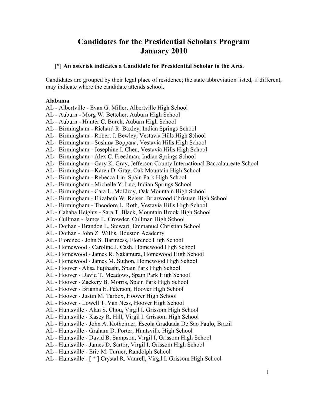 2010 Candidates for the Presidential Scholars Program April 2010 (PDF)