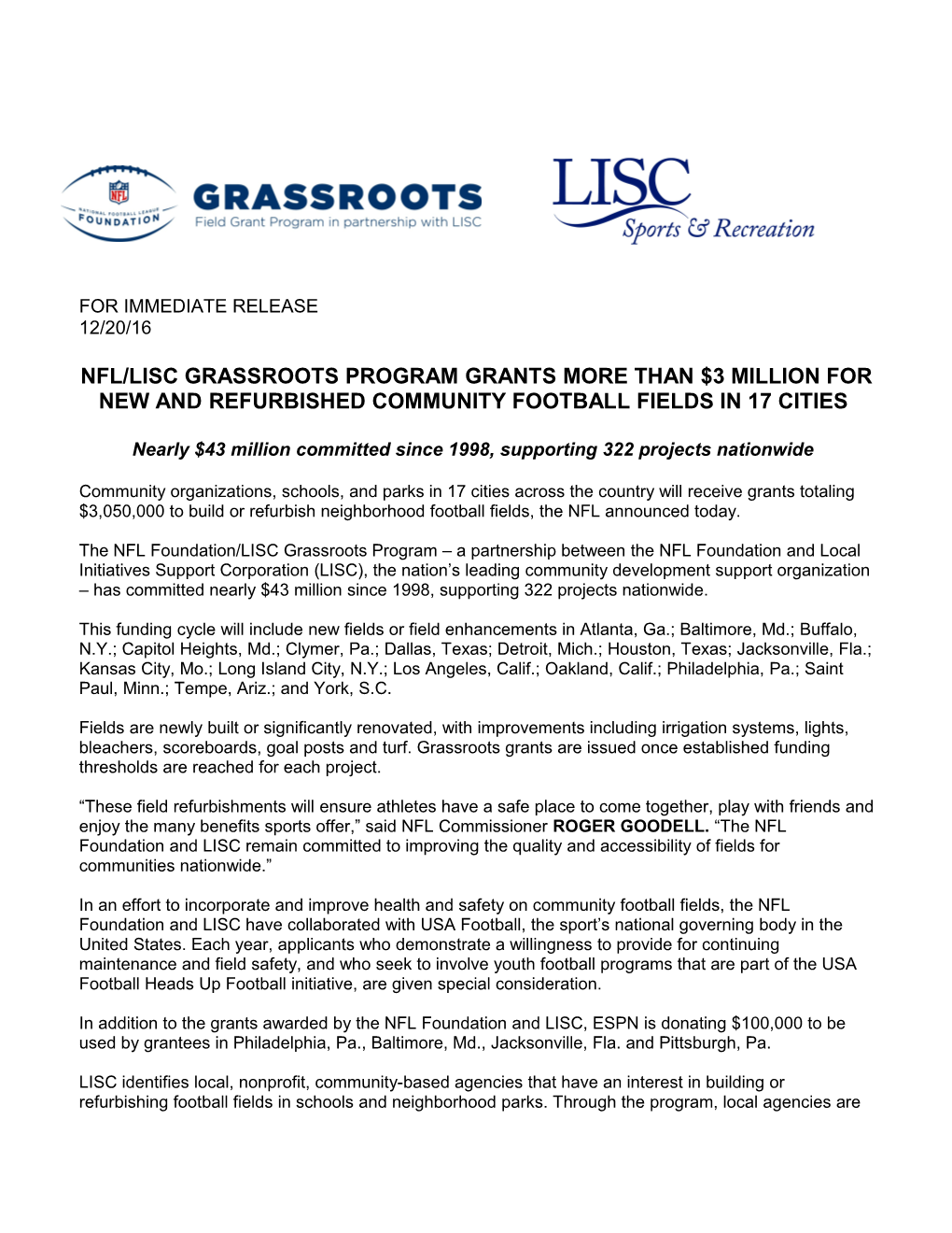 Nfl/Lisc Grassroots Program Grants More Than $3 Million for New and Refurbished Community