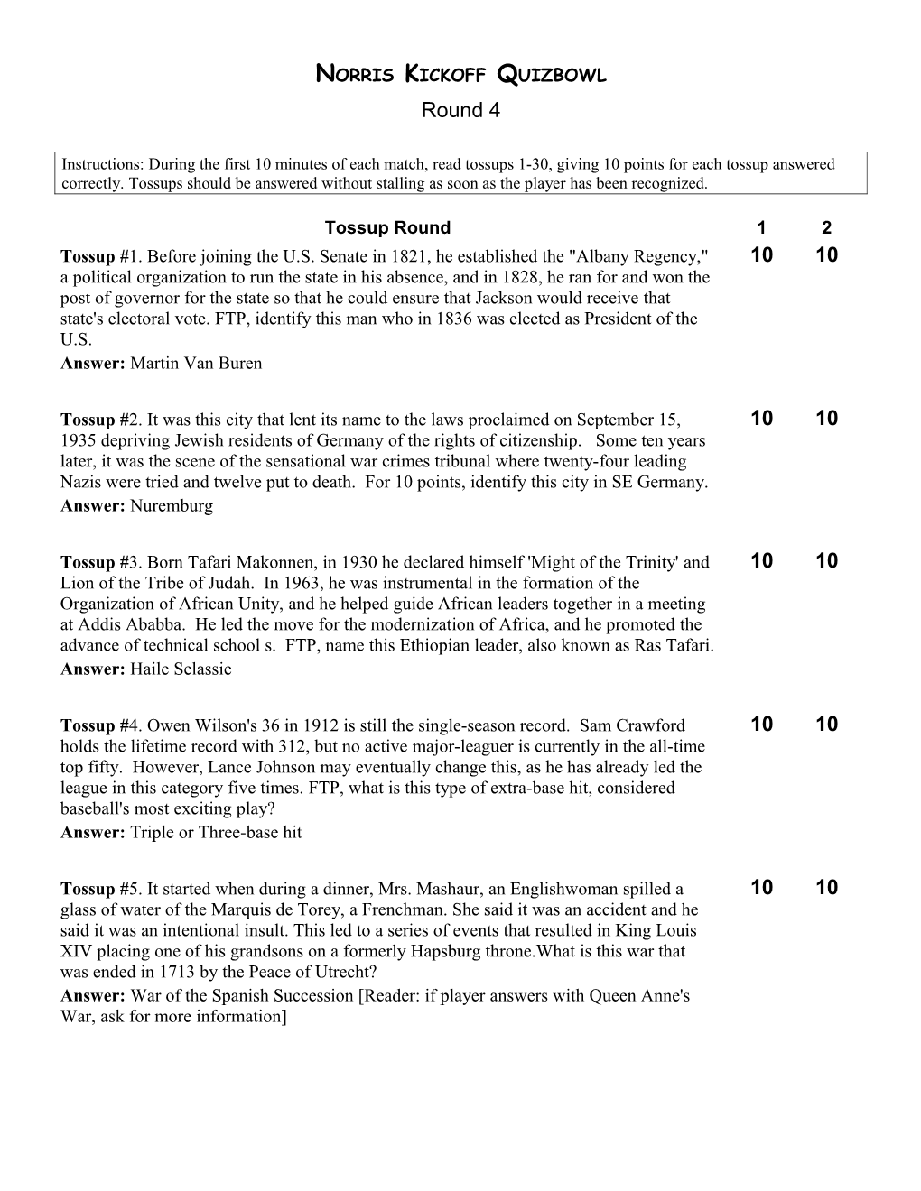 Norris Kickoff Quizbowl 1Question Set