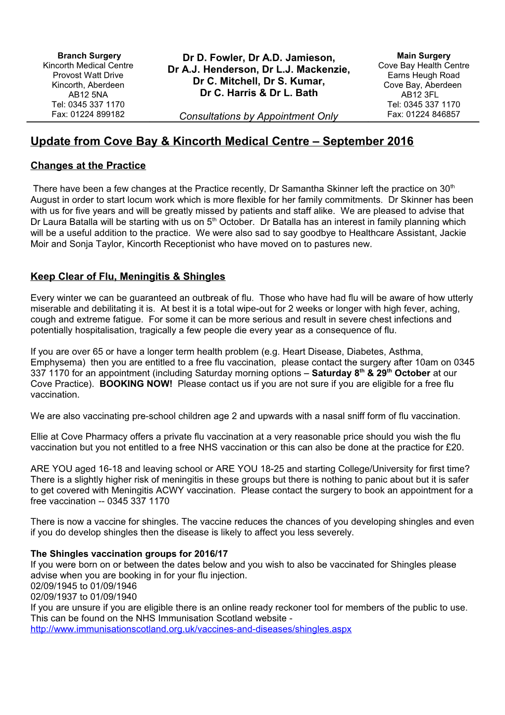 Update from Cove Bay & Kincorth Medical Centre September 2016
