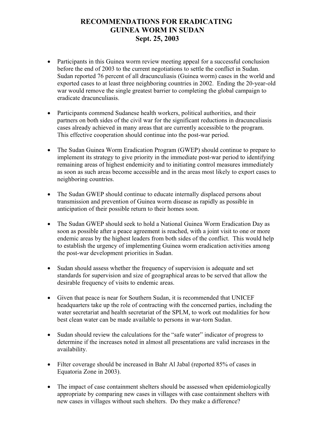 Draft Recommendations for Sudan