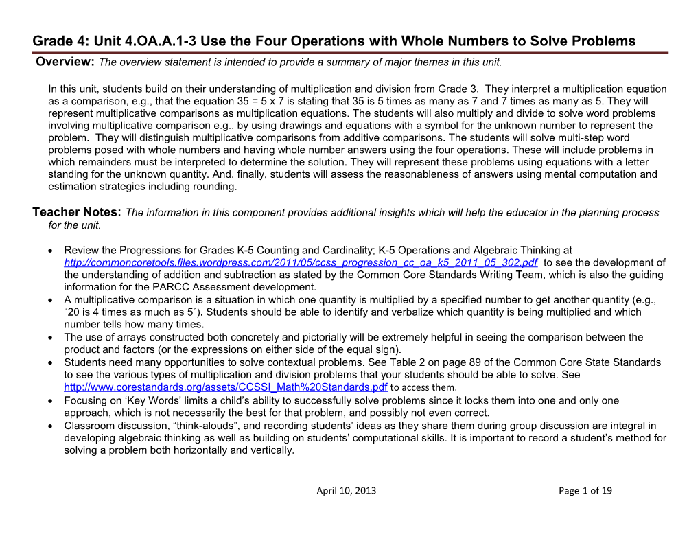Grade 4: Unit 4.OA.A.1-3 Use the Four Operations with Whole Numbers to Solve Problems