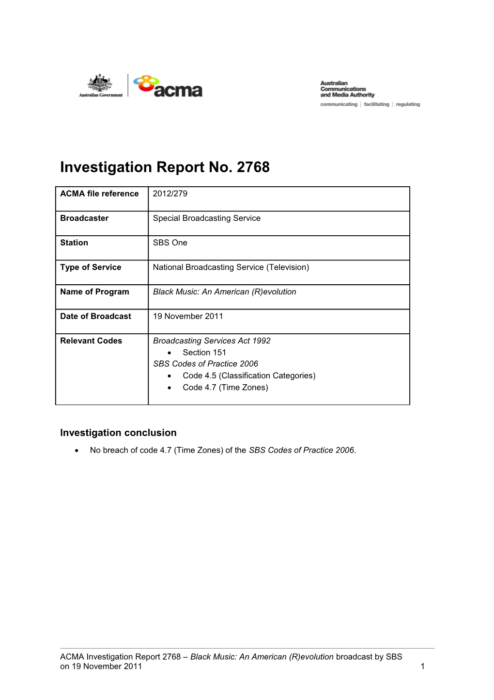 SBS One - ACMA Investigation Report 2768