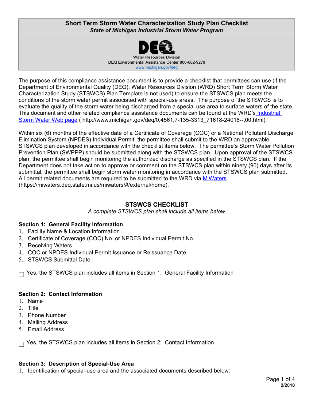 Short Term Storm Water Characterization Study Plan Checklist