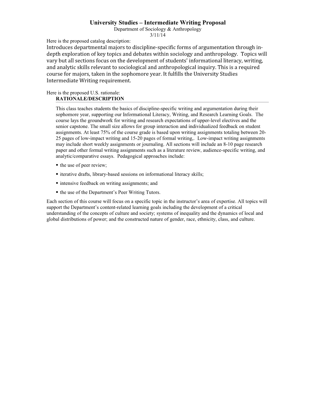 University Studies Intermediate Writing Proposal, Sociology/Anthropology Page 1