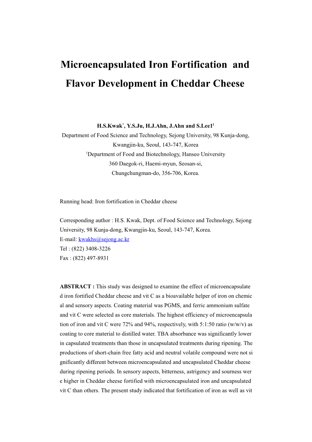 Microencapsulated Iron Fortification and Flavor Development in Cheddar Cheese