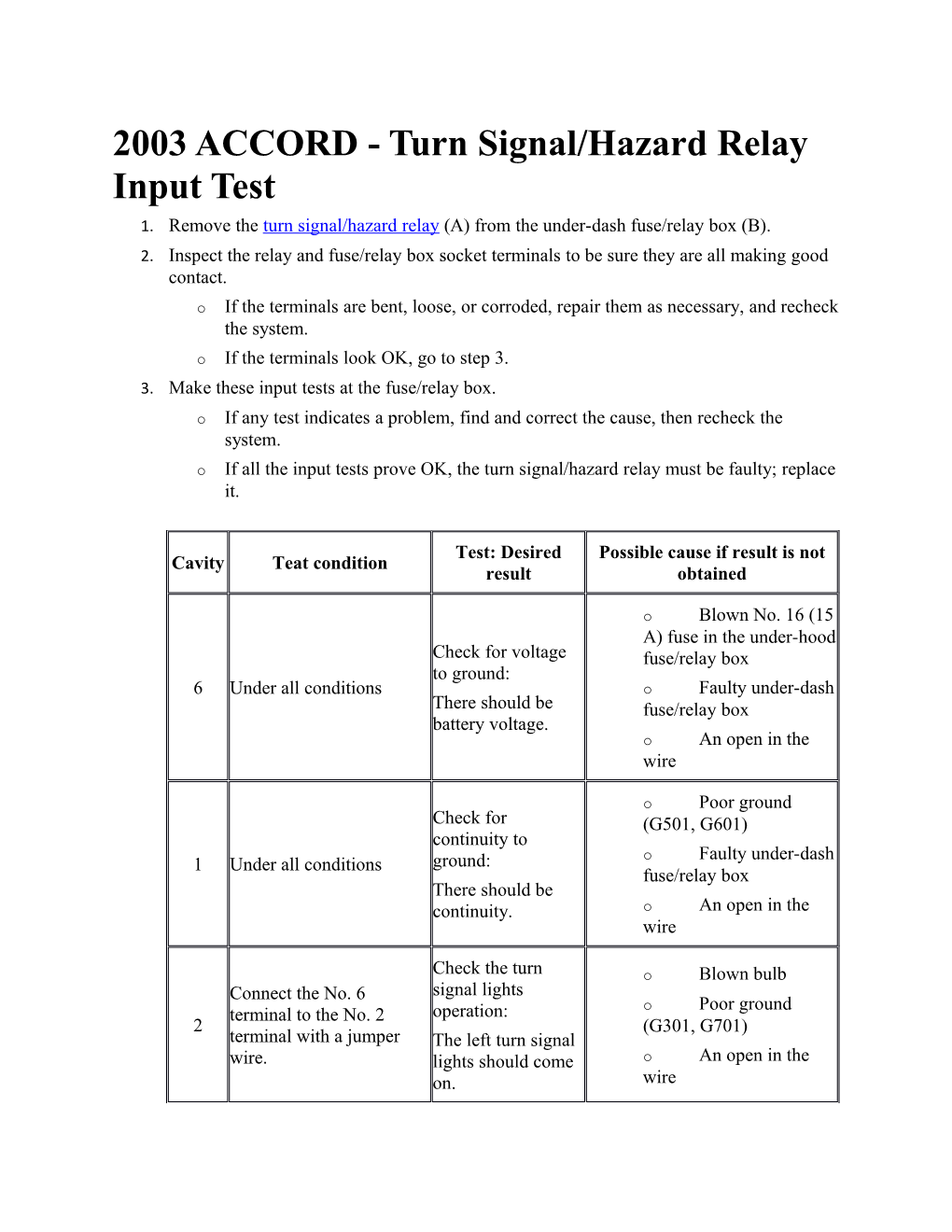 2003 ACCORD - Turn Signal/Hazard Relay Input Test