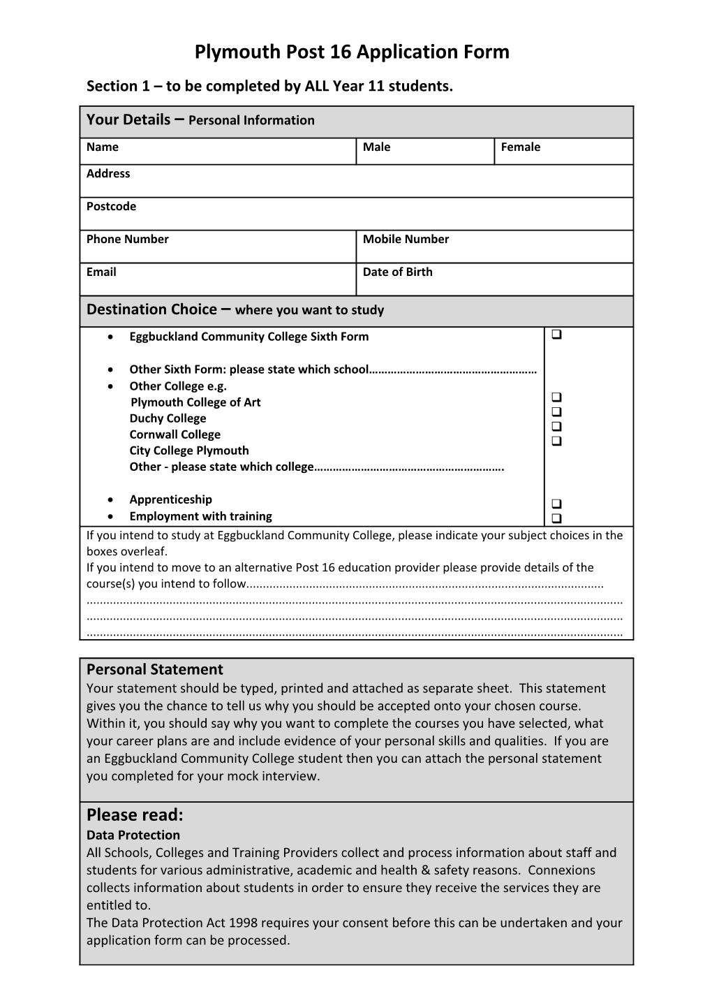 Plymouth Post 16 Application Form