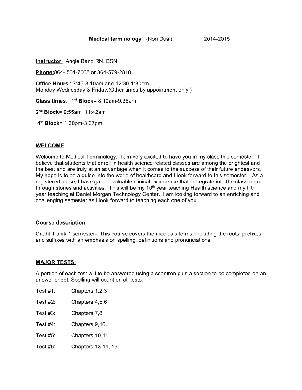 Medical Terminology (Non Dual) 2014-2015