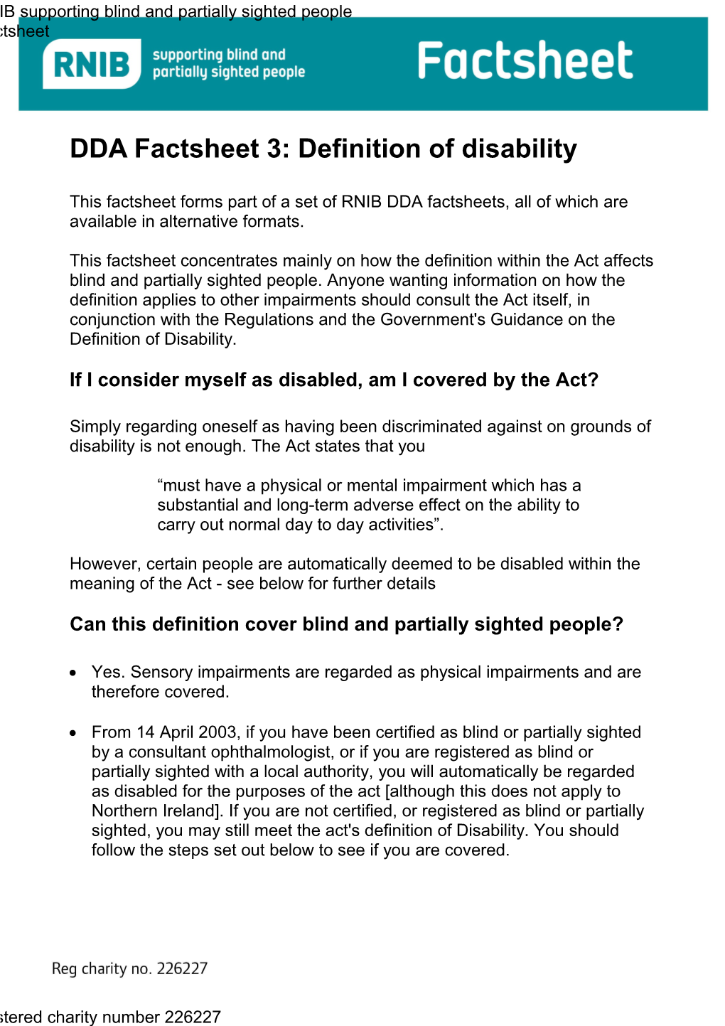 DDA Factsheet 3: Definition of Disability