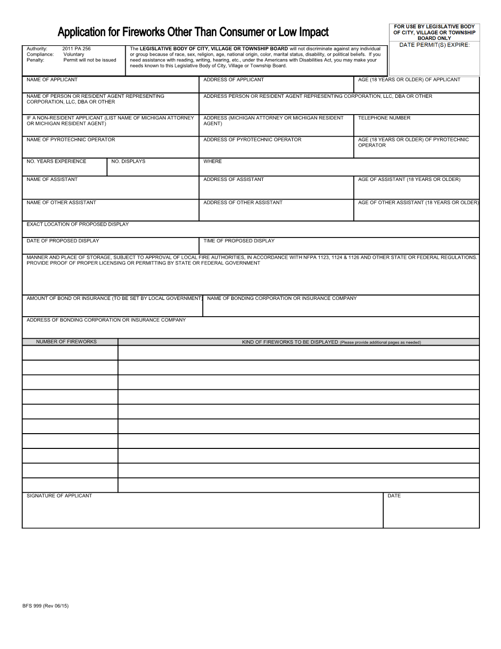 Application for Fireworks Display Permit