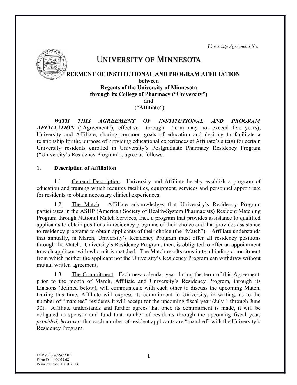 Agreement of Institutional and Program Affiliation