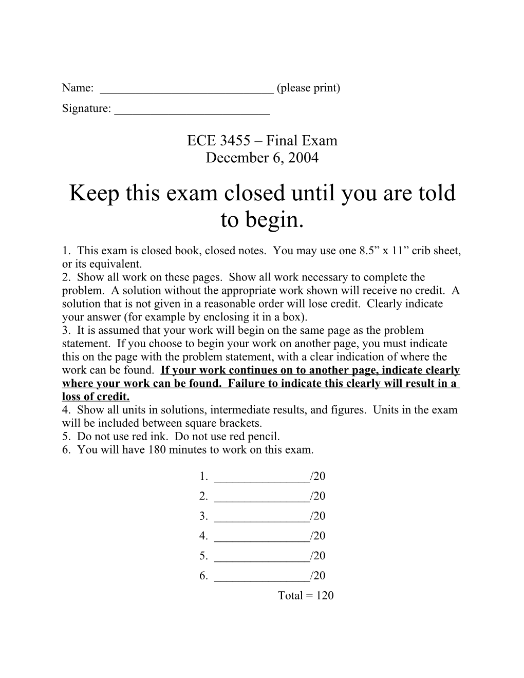 ECE 3455 Final Exam December 6, 2004 Page 1