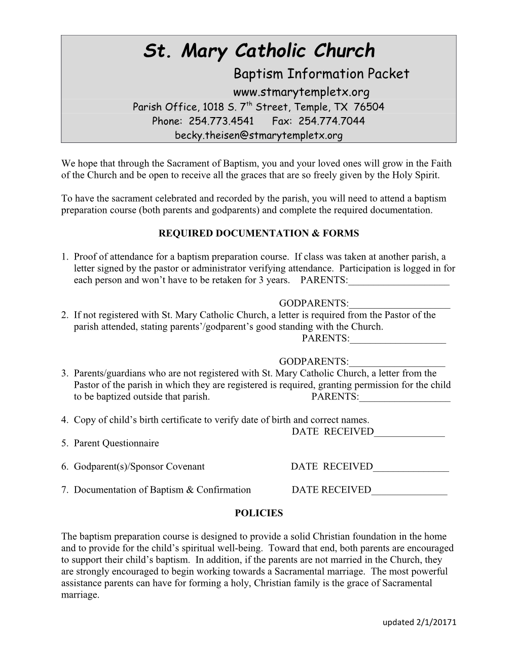 St. Mary Catholic Church Baptism Information Packet