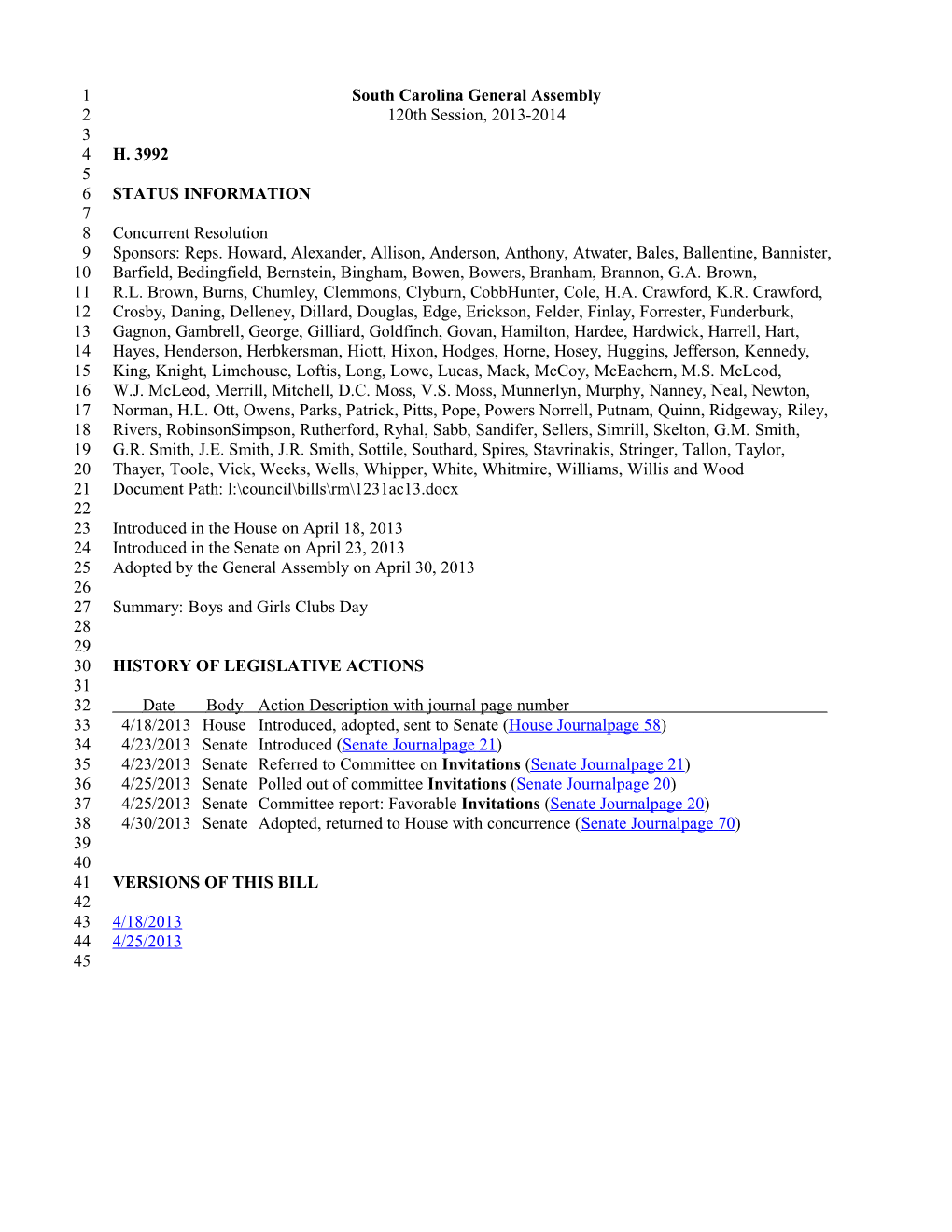 2013-2014 Bill 3992: Boys and Girls Clubs Day - South Carolina Legislature Online