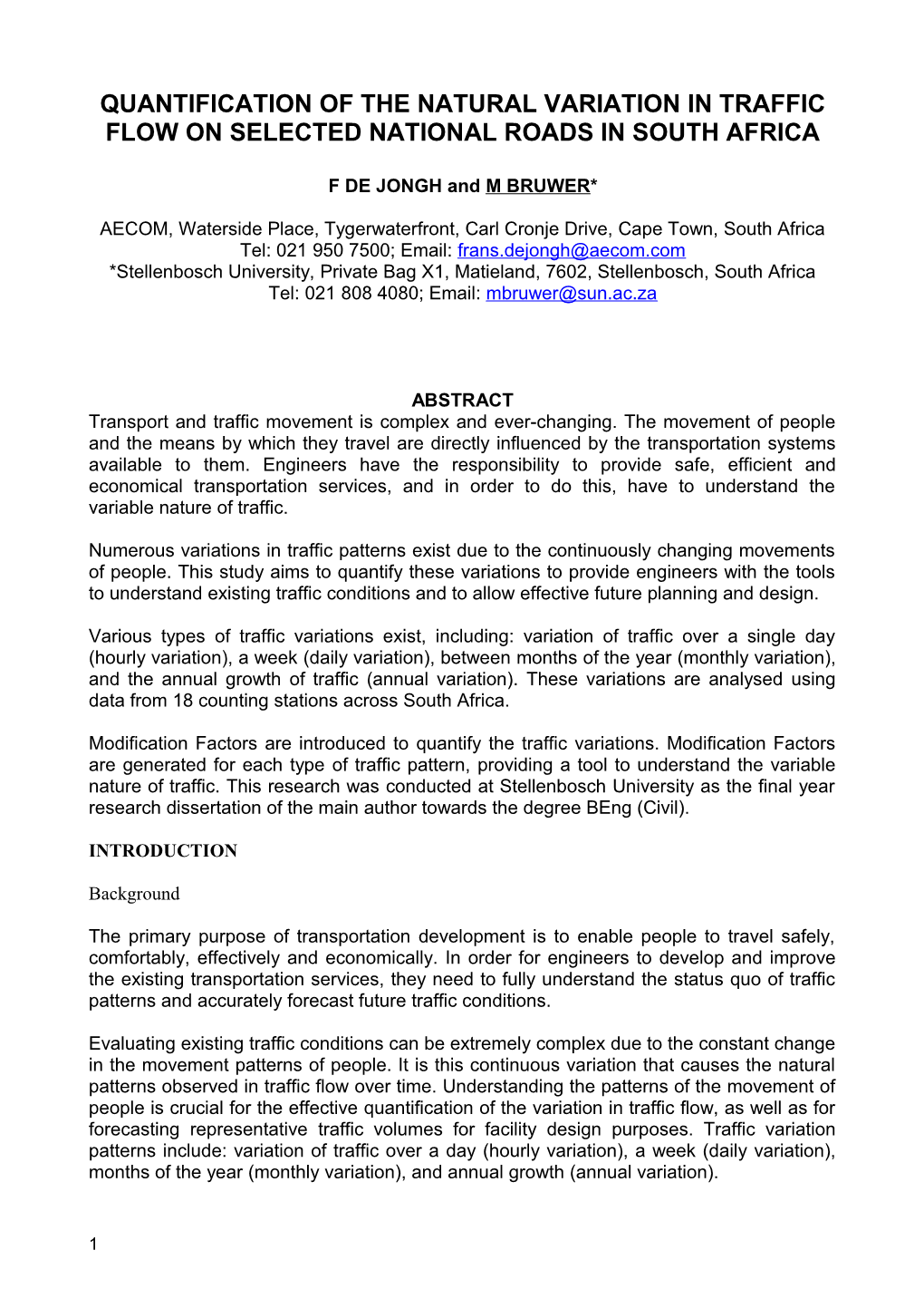 Quantification of the Natural Variation in Traffic Flow on Selected National Roads In