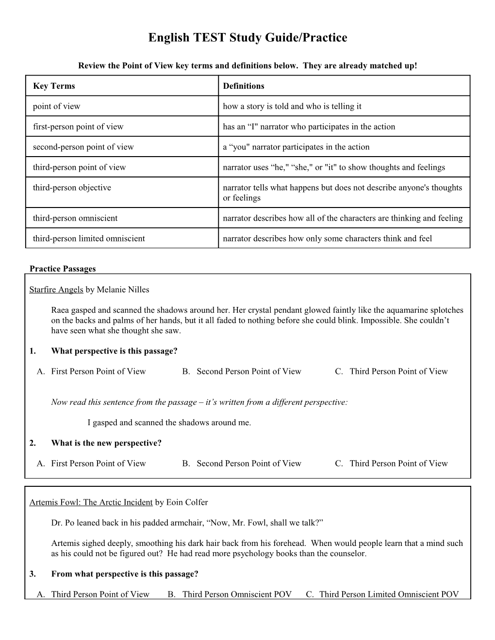 Review the Point of View Key Terms and Definitions Below. They Are Already Matched Up!