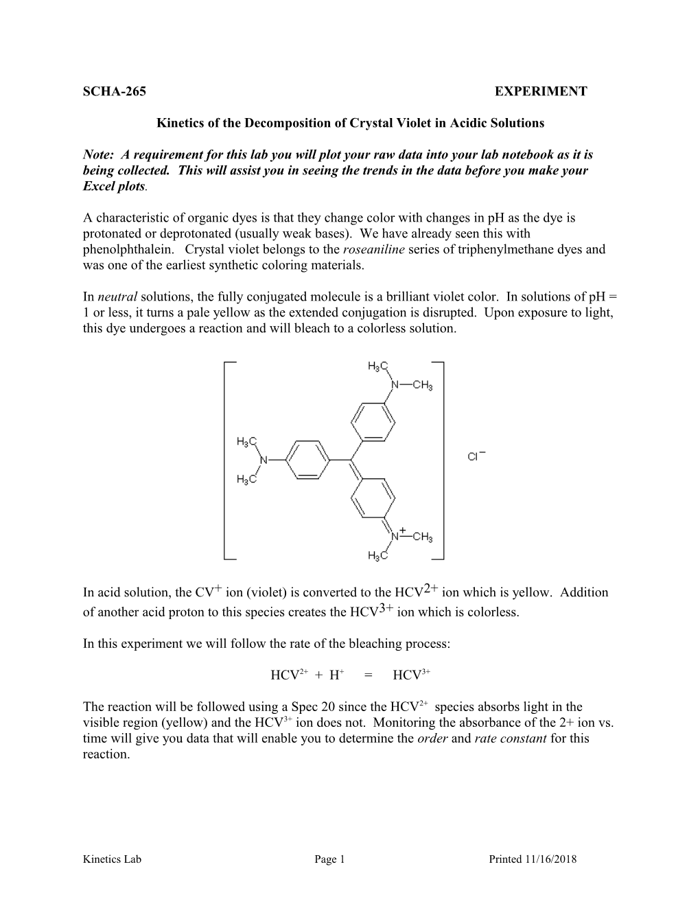 Kinetics of the Decomposition of Crystal Violet in Acidic Solutions