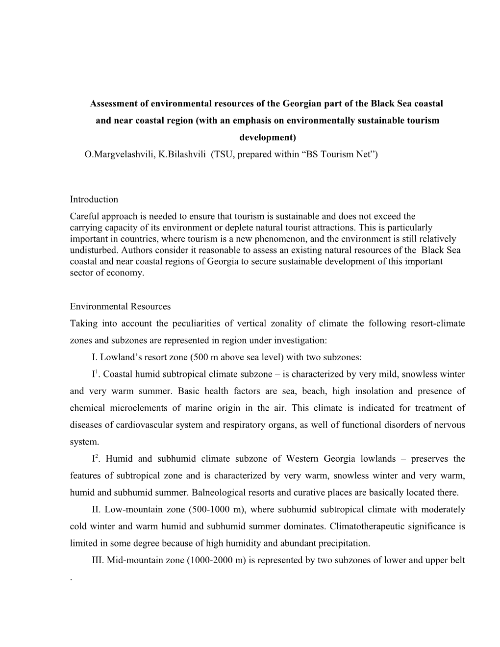 Assessment of Environmentalresources of the Georgian Part of the Black Sea Coastal