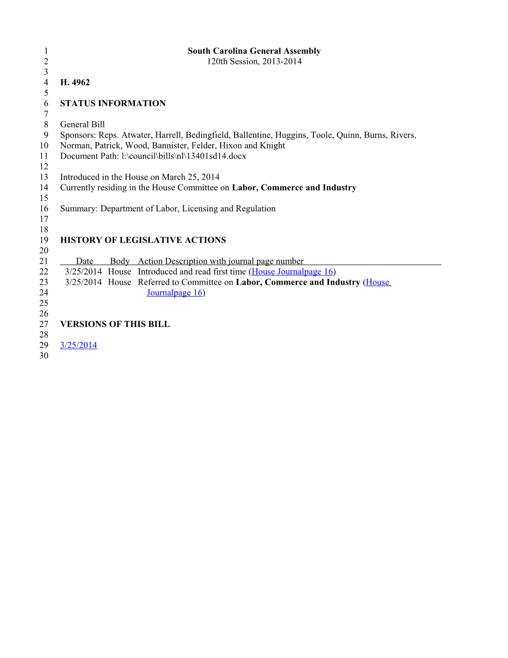 2013-2014 Bill 4962: Department of Labor, Licensing and Regulation - South Carolina Legislature