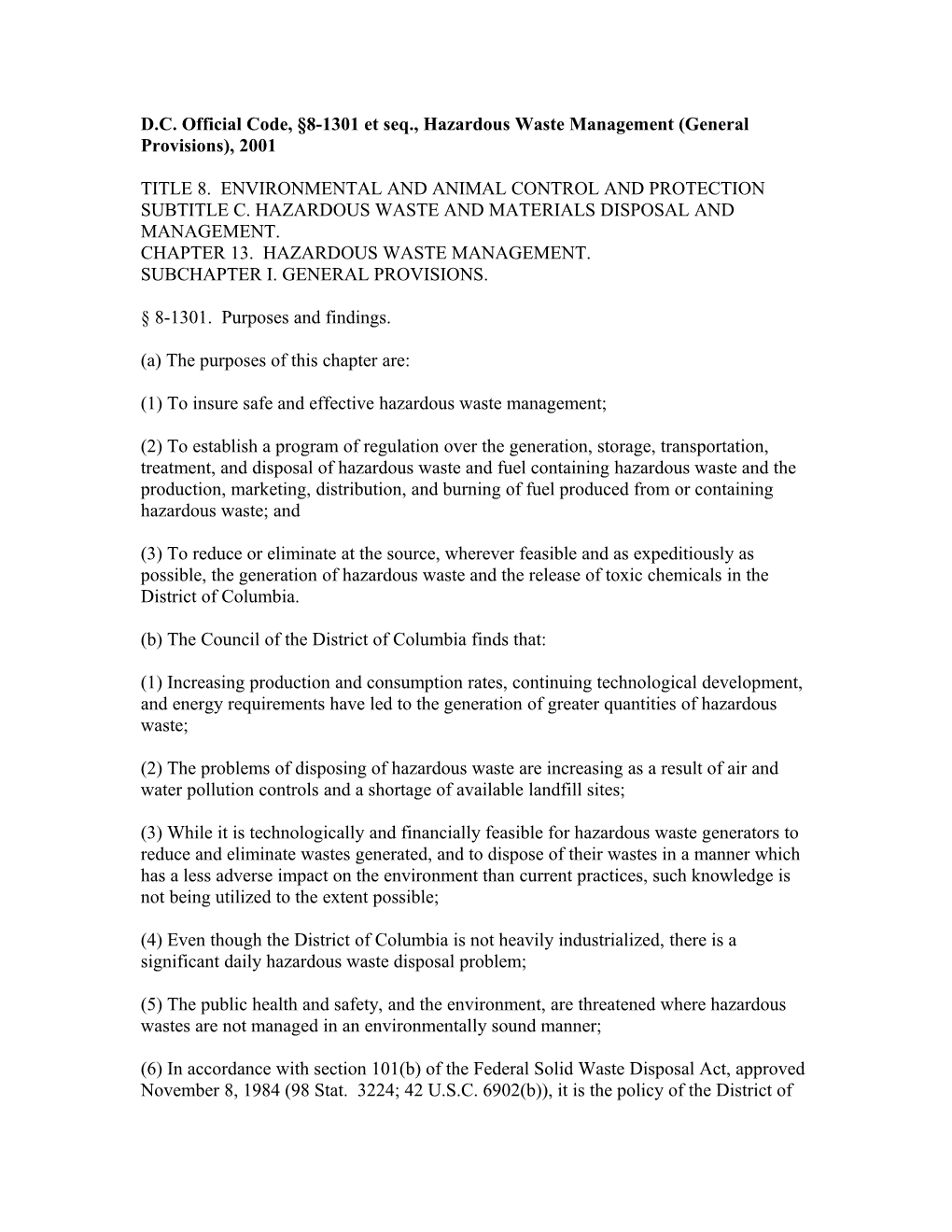 D.C. Official Code, 8-1301 Et Seq., Hazardous Waste Management (General Provisions), 2001