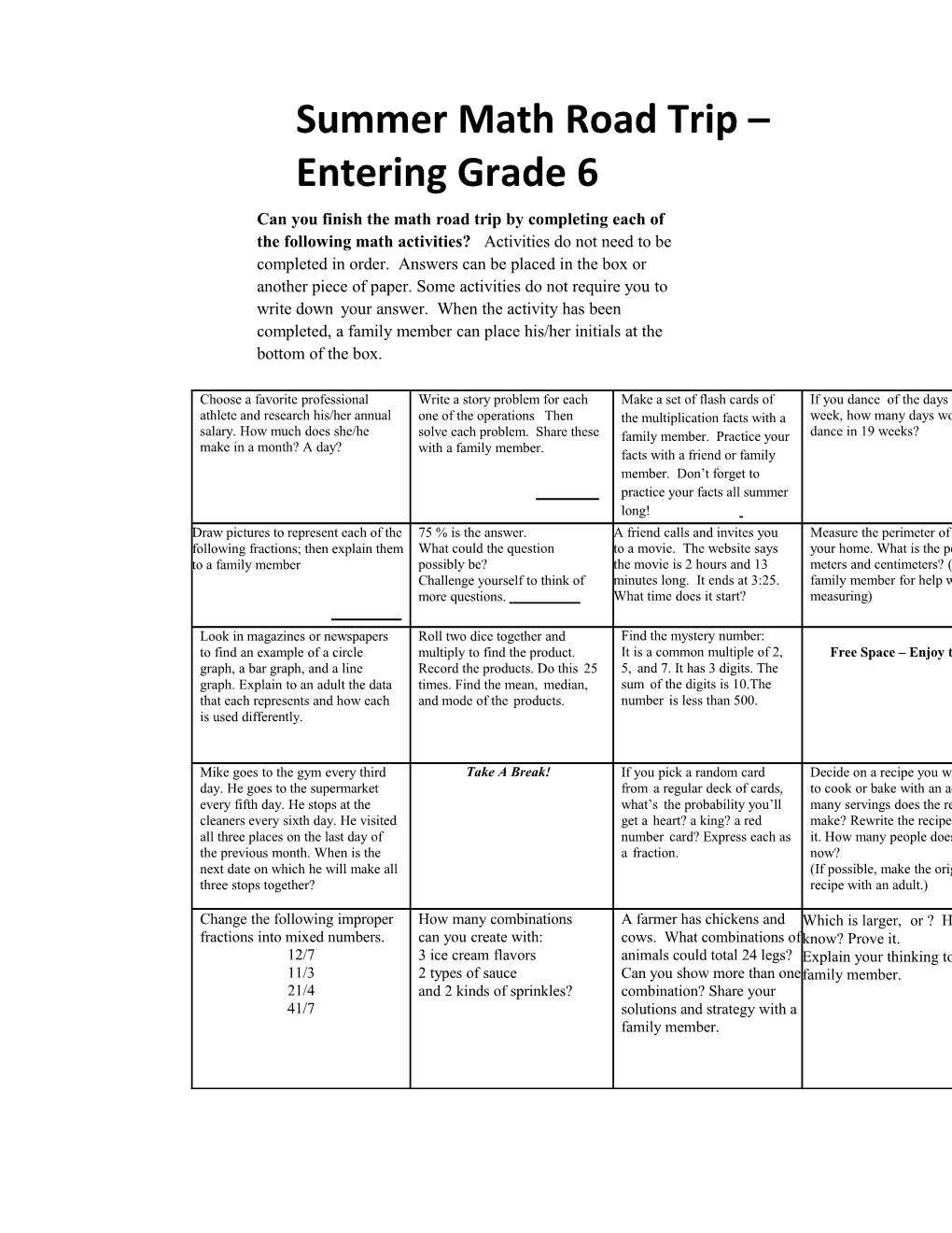 Summer Math Grade 6 F