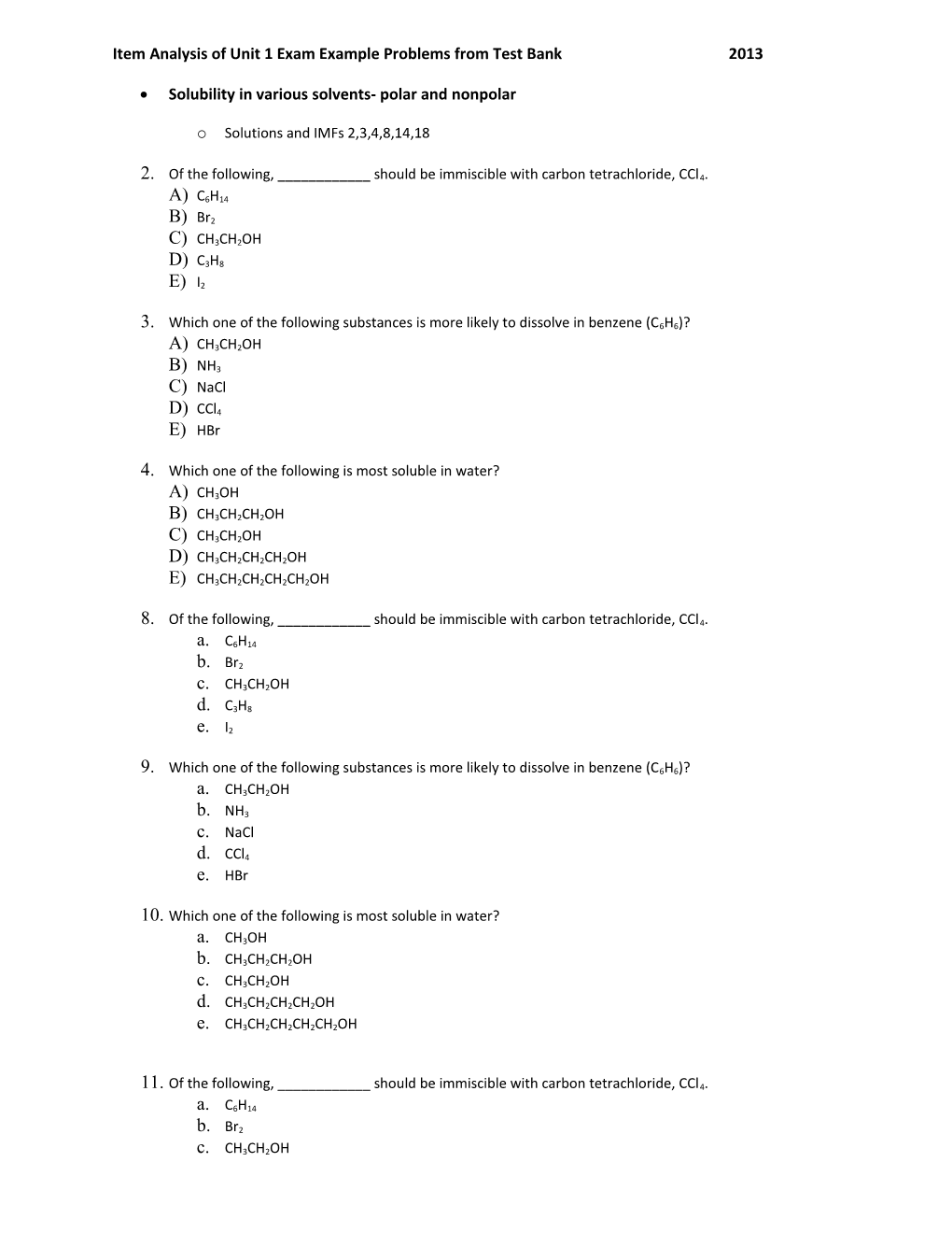 Item Analysis of Unit 1 Exam Example Problems from Test Bank2013