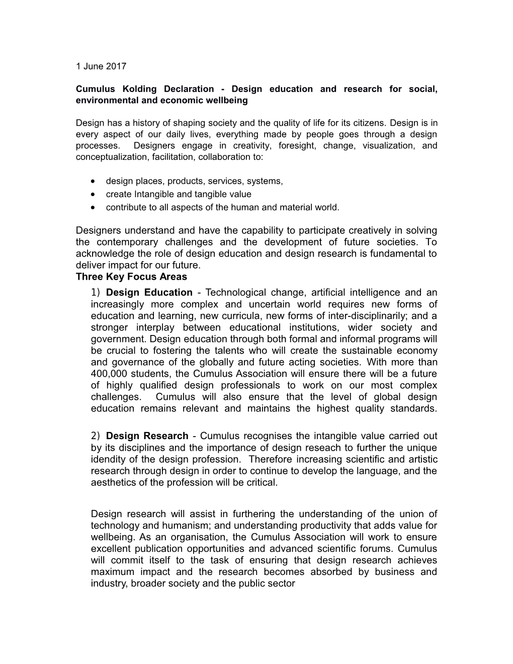 Cumulus Kolding Declaration - Design Education and Research for Social, Environmental