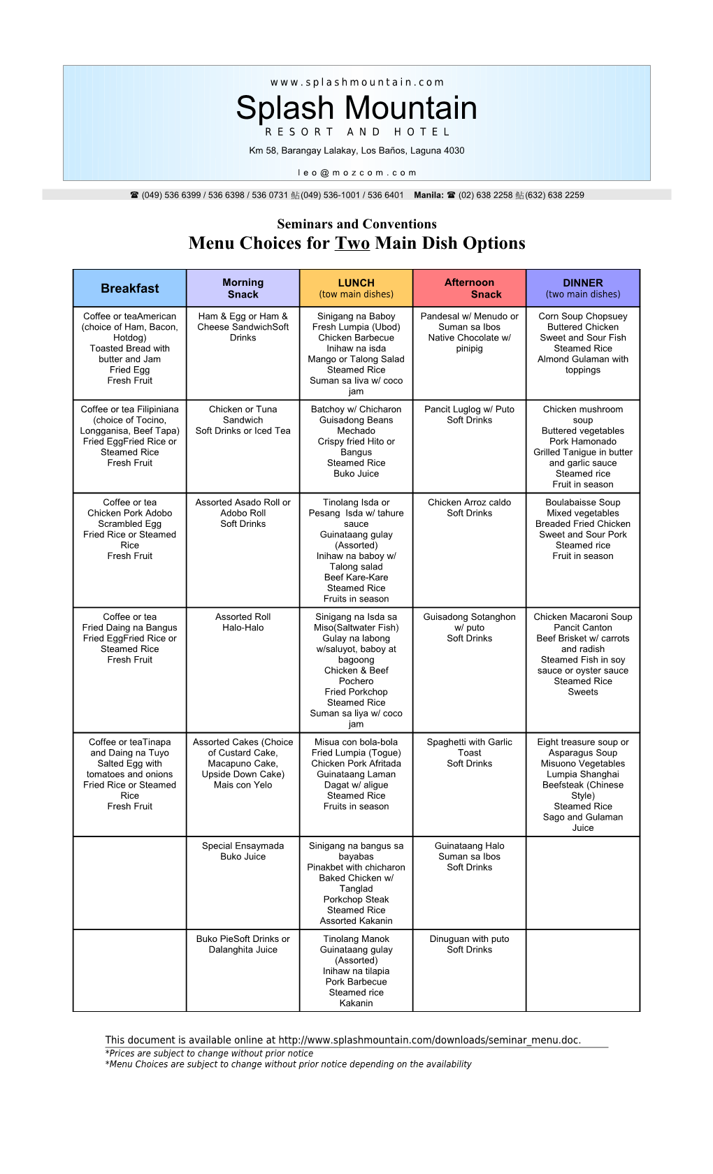 Choices for Seminar Menu