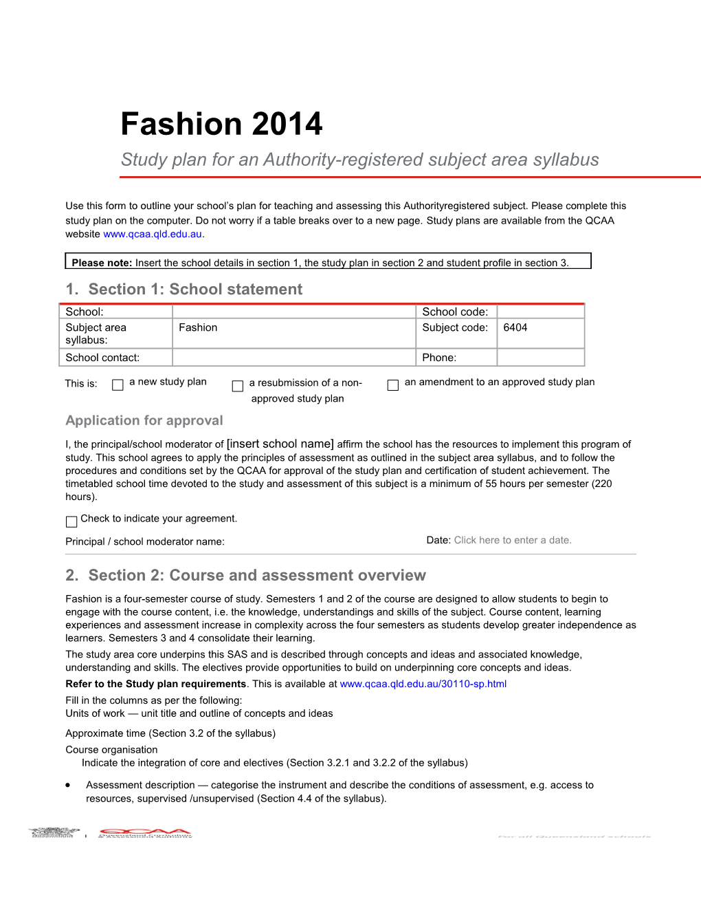 Fashion 2014 Study Plan for an Authority-Registered Subject Area Syllabus