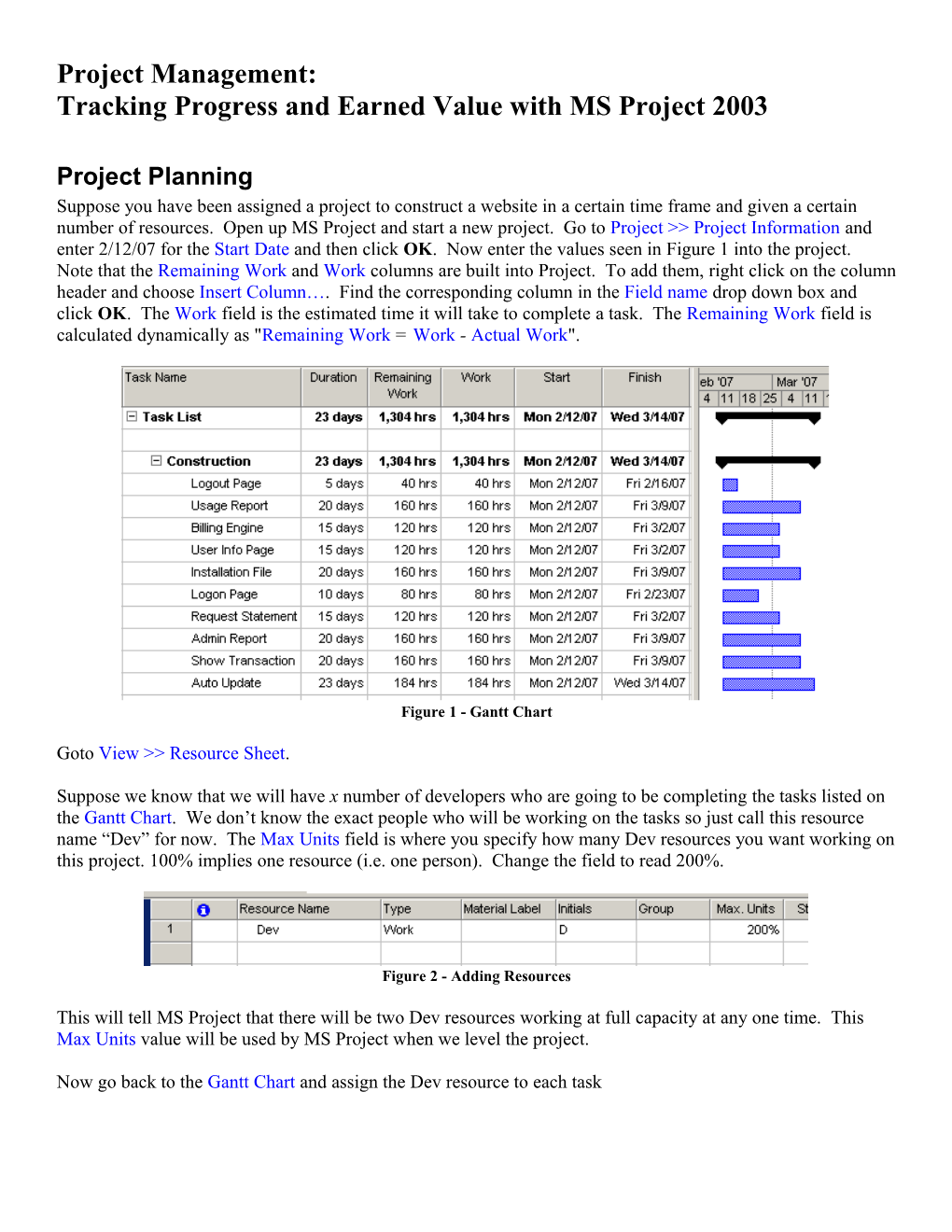 Tracking Progress and Earned Value with MS Project 2003