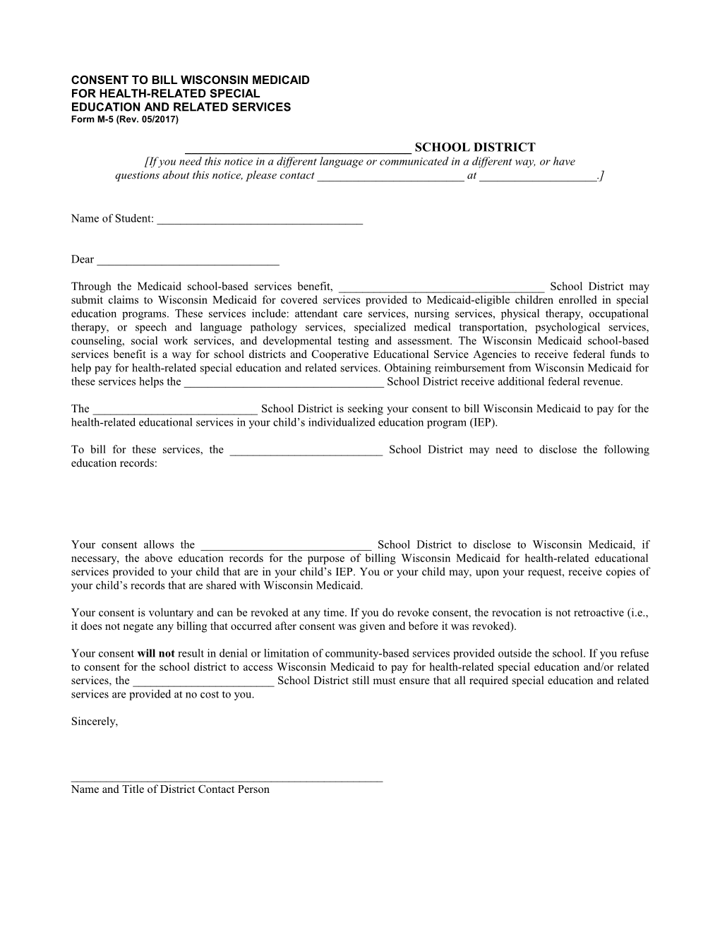 Consent to Bill WI Medicaid for Medically Related Special Education & Related Services, Form M-5