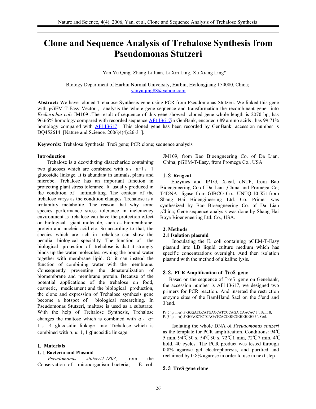 Clone and Sequence Analysis Oftrehalose Synthesis Frompseudomonas Stutzeri