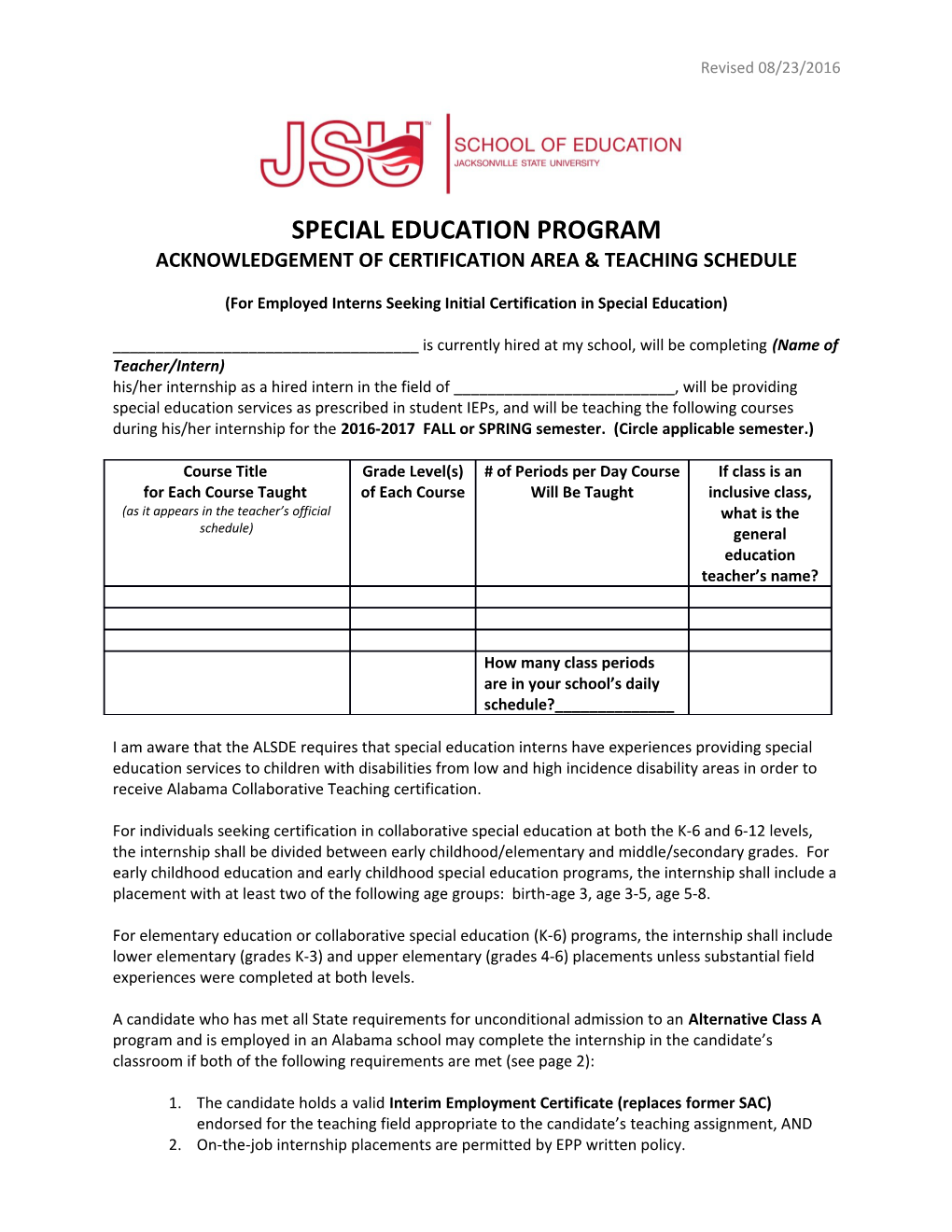 Acknowledgement of Certification Area & Teaching Schedule