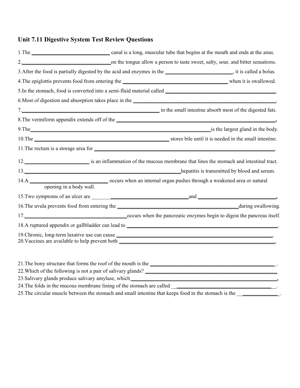 Unit 7.11 Digestive System Test Review Questions